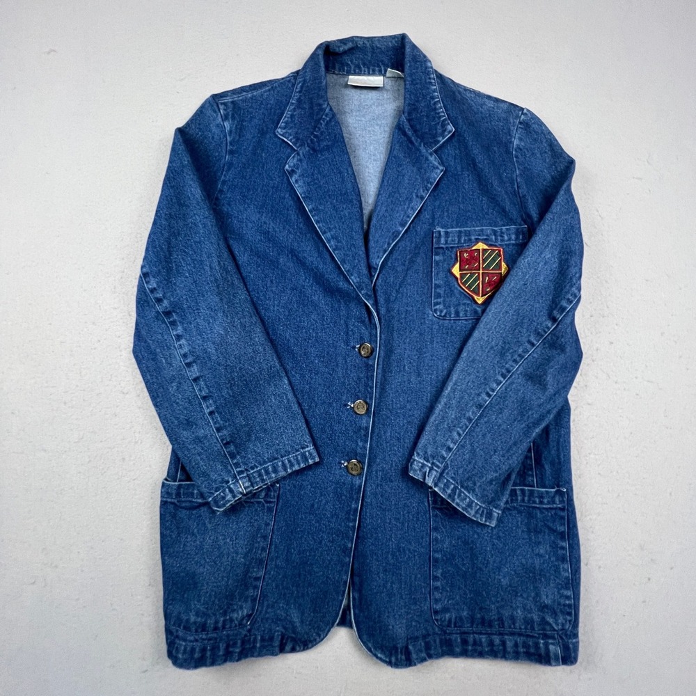 Spiegel For You Denim Blazer Women 1X Crest Patch Preppy VTG Jacket Academia